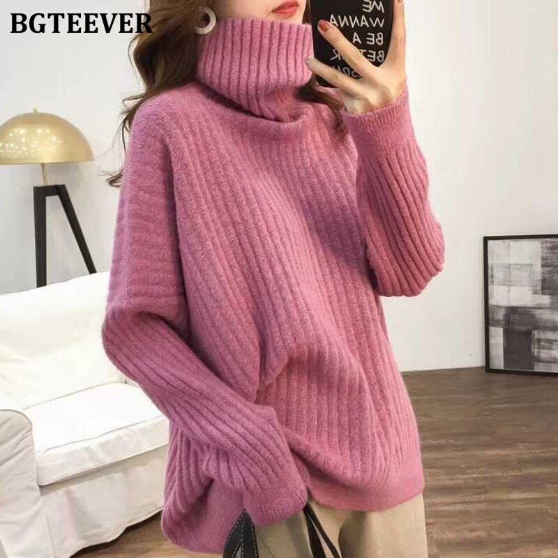 Bgteever Elegante Losse Coltrui Thicken Vrouwen Trui Mode Lange Mouw Vrouwelijke Trui Truien Winter Breien Trui: pink