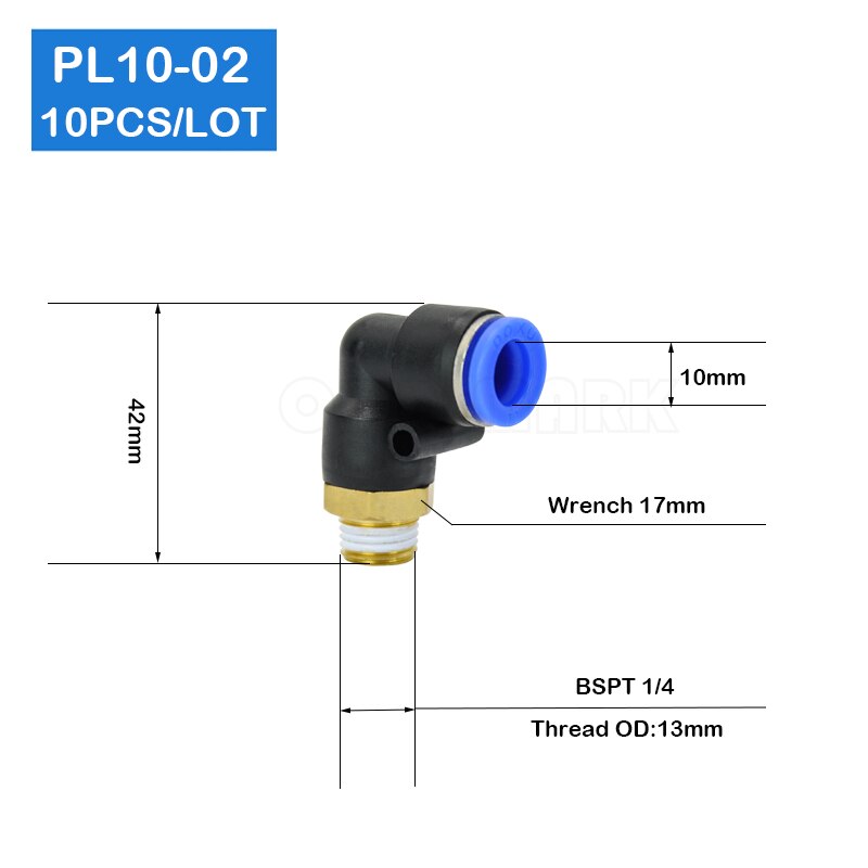 10 Pcs of PL10-02, 1/4" Male Thread to 10mm Pneumatic Elbow Connector Quick Fitting