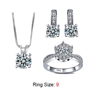 Prachtige Bruiloft Sieraden Sets Wit Goud Kleur Aaa Rhinestone Ring Ketting Stud Oorbellen Bijoux Femme Sierdem Set ASM011: ring size 9