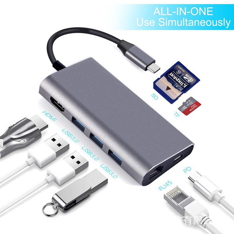 USB-C Hub for MacBook/Samsung Galaxy - HDMI 4K, RJ45, Thunderbolt 3, USB 3.0, Card Reader, PD: USB C 8IN1 Gray 06