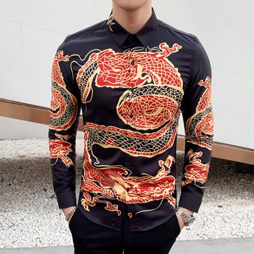 Chinesische Neue Jahr Kleidung Herren China Hemden schlank passen verrotten Chinesischen Spitzen Traditionelle Chinesische Kleidung für Männer Drache Gedruckt Hemden: Schwarz / Größe XL 64 zu 68 kg