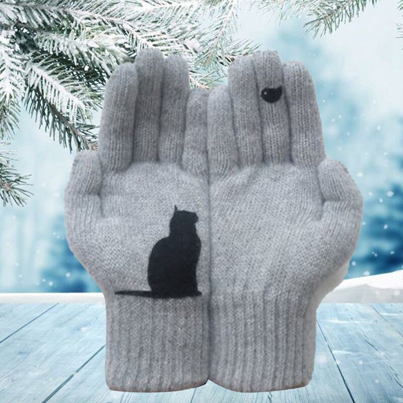 1Pair Women Girls Lovely Winter Warm Hand Protection Gloves Cartoon Cat And Bird Printed Gloves Mitten