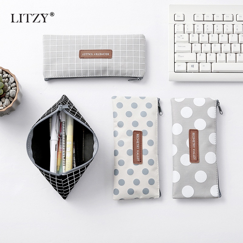 Canvas Pencil Case for School Cute Pen Bag Simple Striped Grid Pencilcase Pen Box Stationery Pouch School Office Supplies