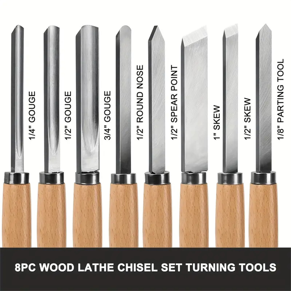 8PCS Woodturning Chisels Set High-Speed Steel Blades Lathe Chisel Kit with Skew Parting Spear Gouges Woodworking Tool