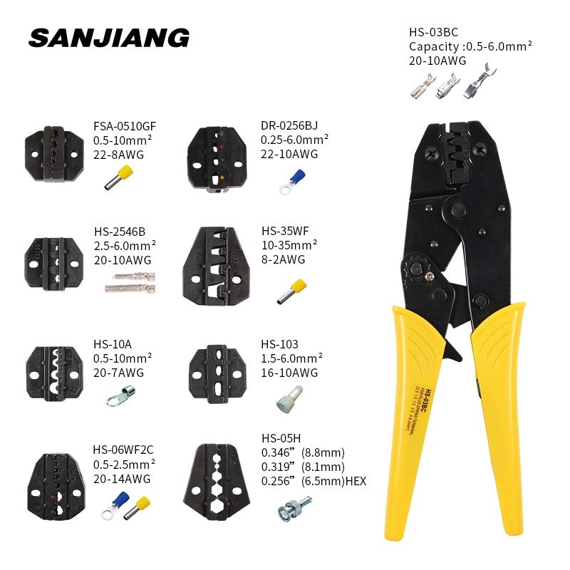 Clamp Tools Set Decrustation Engineering Ratchet Terminal Crimping Plier HS-03BC Electrical Hand Tool with 8 Spare Terminals