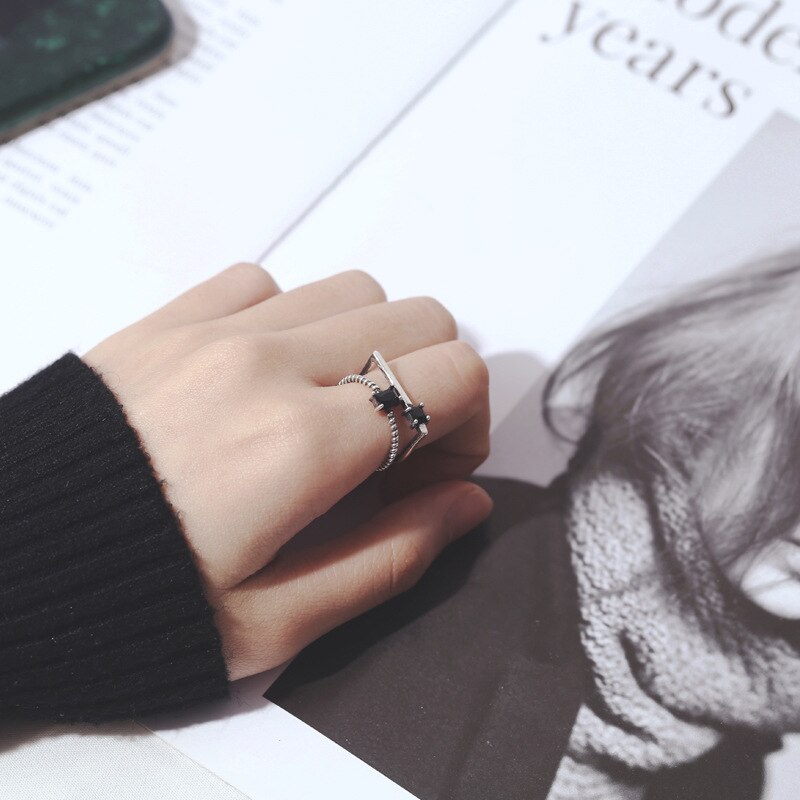 Creatieve Stijl Boho Zilver Kleur Zwart Zirkoon Ringen Voor Vrouwen Verstelbare Ring Mode Charme Sieraden
