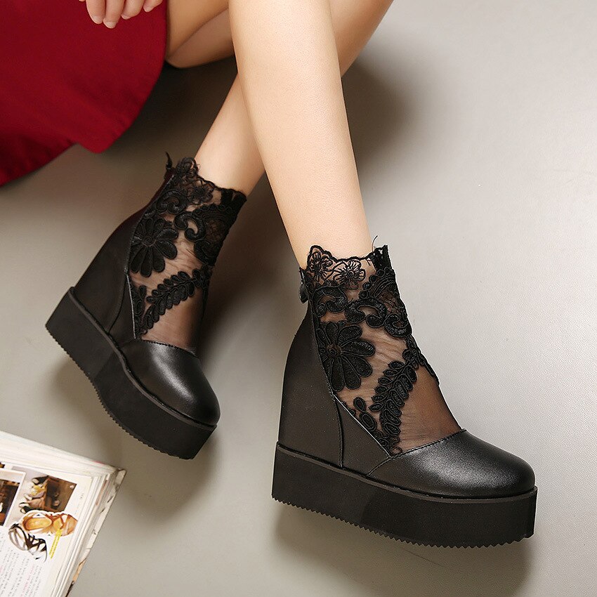 Söta spets romerska skor kvinnor kilklackar vita platform pumps höga klackar zapatos plataforma mujer encaje 34-39: Svart / 8