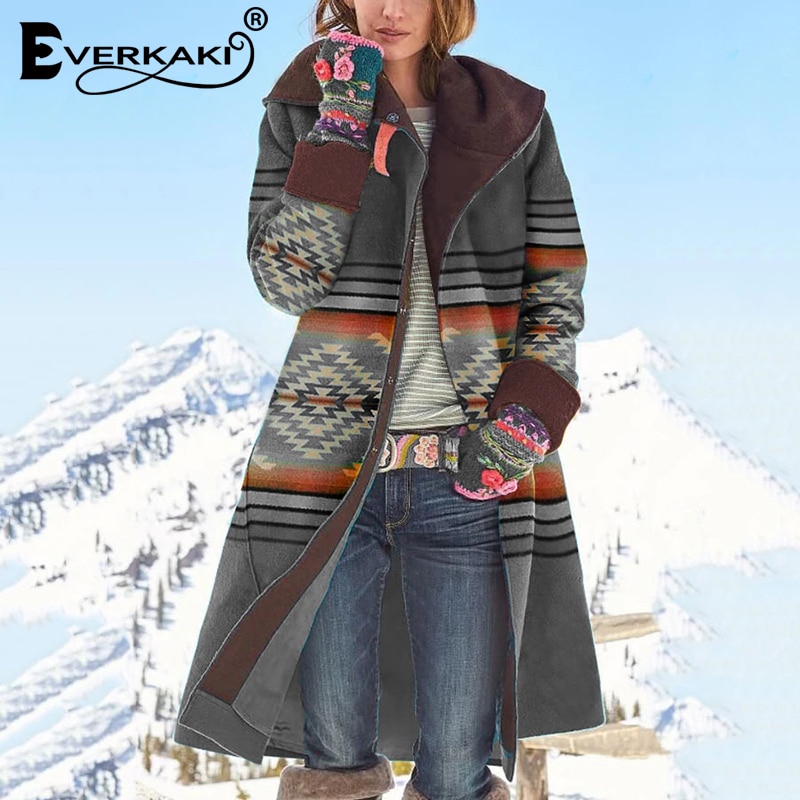 Everkaki Etnische Print Lange Jas Vrouwen Herfst Bovenkleding Met Hoed Dames Boho Dikke Jassen Losse Vrouwelijke Winter Mode