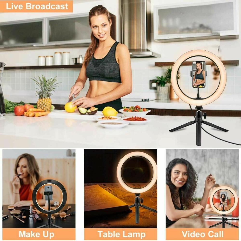 10'' LED Ring Light Lamp Selfie Camera Phone Studio Tripod Stand Video Dimmable Round Portable Selfie Flashlight Makeup Mirror