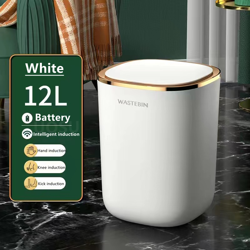 Smart Induction Trash Can Automatic Intelligent Sensor Dustbin Electric Touch Trash Bin for Kitchen Bathroom Bedroom Garbage: Battery White