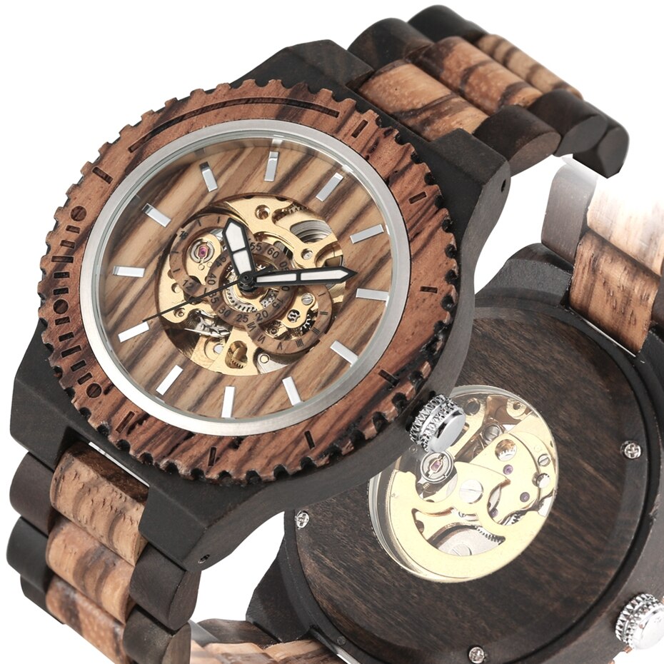 Holz Uhr Männer Automatische Mechanische Uhren Jahrgang voll Holz Band Herren Uhren oben Luxus Uhren reloj hombre: Ebenholz Holz
