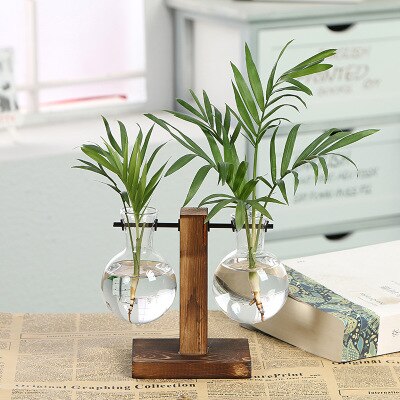 Terrarium hydroponiske planter vaser vintage blomsterpotte gennemsigtig vase træramme glas bordplante planter hjem bonsai indretning: Parallel dobbeltflaske