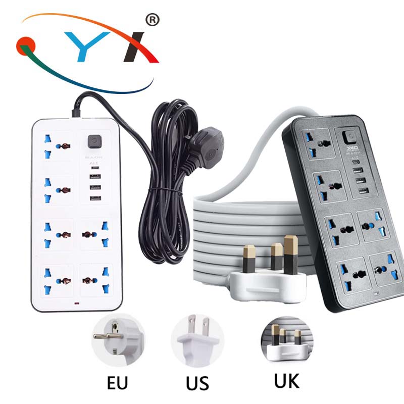 Universalstik til strøm, eu, usa, uk, strømskinne med 1.8m forlængerledninger, ac, type c, usb-port, opladning, stikkontakt