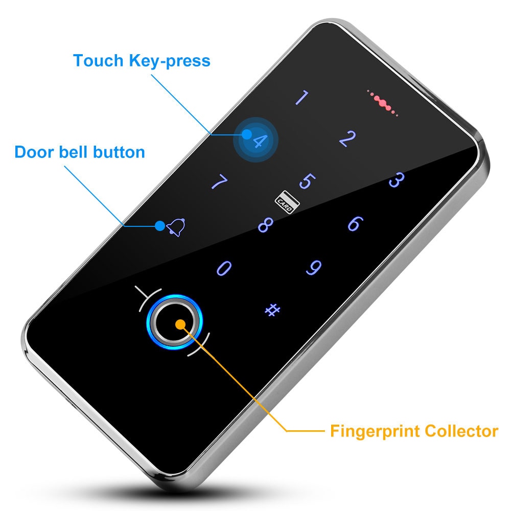 Rfid fingeraftryksadgangskontrol vandtæt touch tastaturlæser  dc12v døråbner baggrundsbelysning udendørs med 13.56 mhz nøgleringe