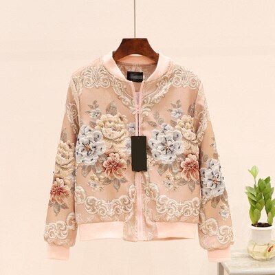 vintage Jacquard Satin embroidery jacket for woman beading floral embroidery long sleeve pink Baseball coat runway outfit: Pink / M