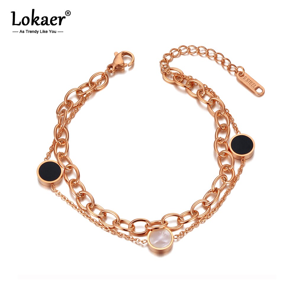 Lokaer Trendy Redonda de Aço Inoxidável de Dupla Camada Shell Acrílico Elo Da Cadeia Pulseira de Charme Pulseiras Para As Mulheres Menina Bohemia B20030