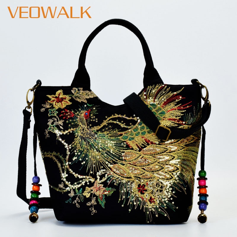 Veowalk Glanzende Pailletten Pauw Geborduurde Vrouwen Canvas Bakken Tas, Zomer Winkelen Schoudertas Vintage Kralen String Handtas