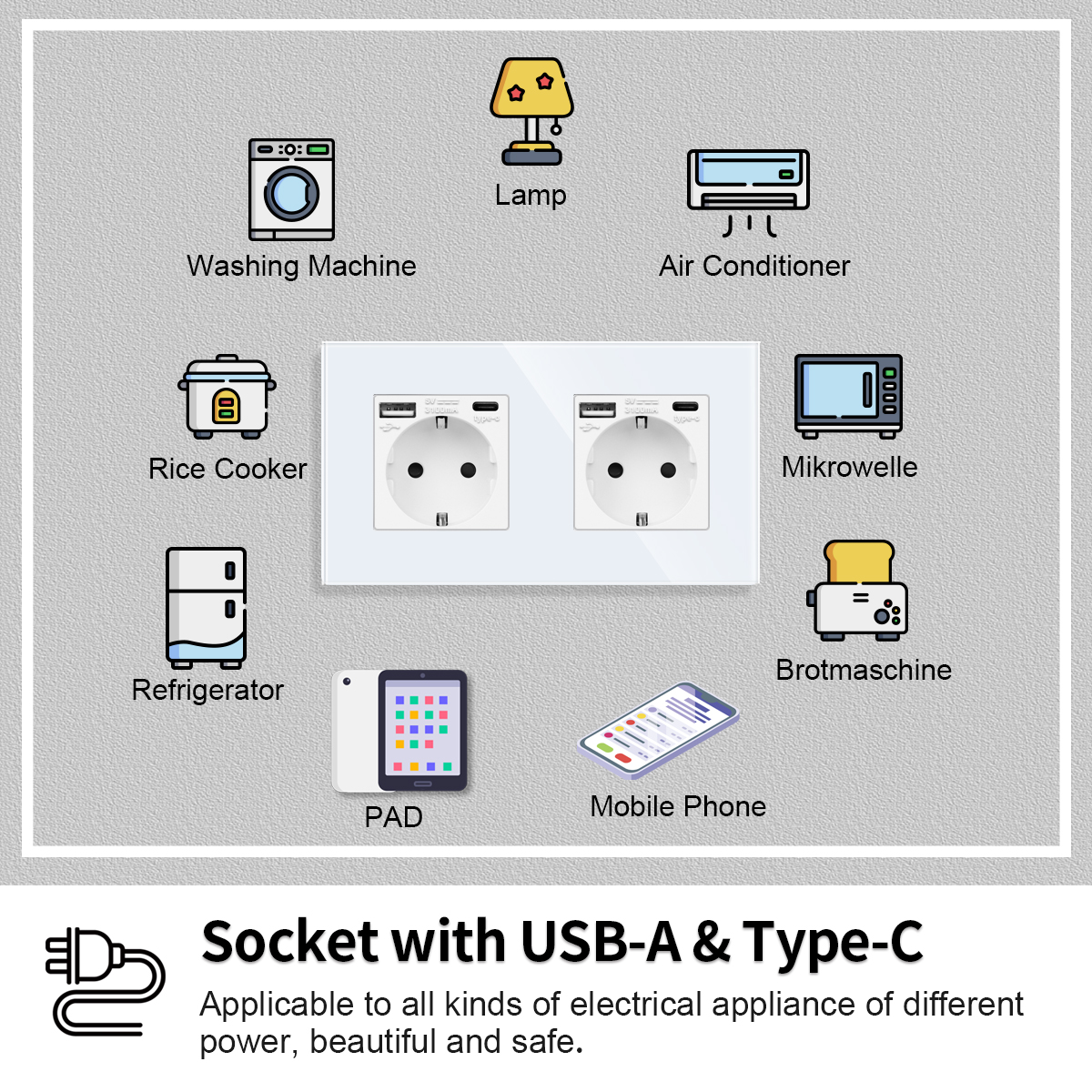 Bingoelec eu standard enkel eluttag kristallpanel 16a dubbla vägguttag trippel typ-c-kontakt glas fyrdubbla vägguttag