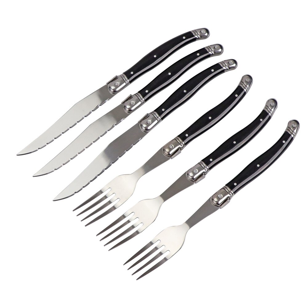 Juego de 6 cuchillos y tenedores para carne de acero inoxidable, juego completo de cubiertos de acero Laguiole con vajilla con mango de ABS negro: Rojo