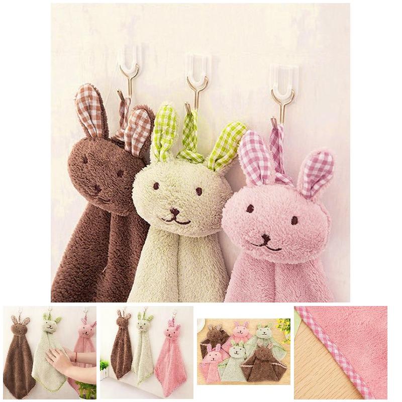 Cute Bunny Coral Fleece Hand Towel Kitchen Hanger Washcloth Lovely LBV