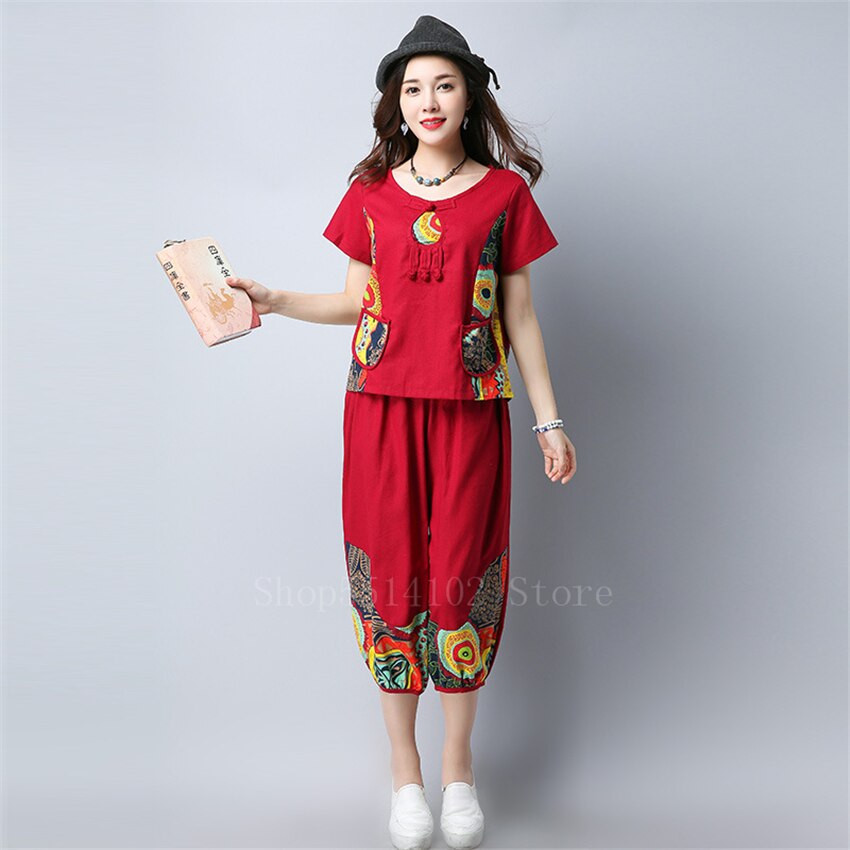 Nationale Stijl Vintage Tang Pak Vrouwen Print Korte Mouw Gesp Top Katoen Losse Broek Chinese Felame Zomer Outsuit: Color 1 / M