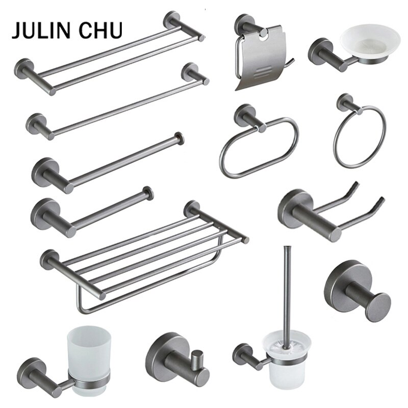 Ensemble d'accessoires de salle de bain gris en laiton, porte-brosse, rouleau de papier toilette, étagère à serviettes, douche, porte-savon mural, support pour sèche-cheveux