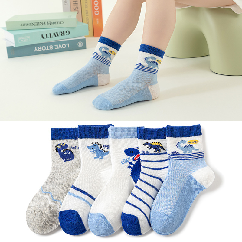 Calcetines de verano para niños y niñas, medias de algodón con dibujos de dinosaurios, 5 pares
