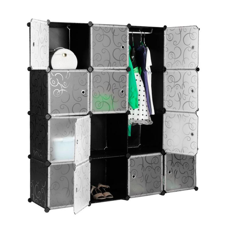 Armoire en plastique à 4 couches à 16 compartiments (1 Rail à vêtements) multifonction anti-poussière étanche à l'humidité armoire Portable étagère de rangement HWC