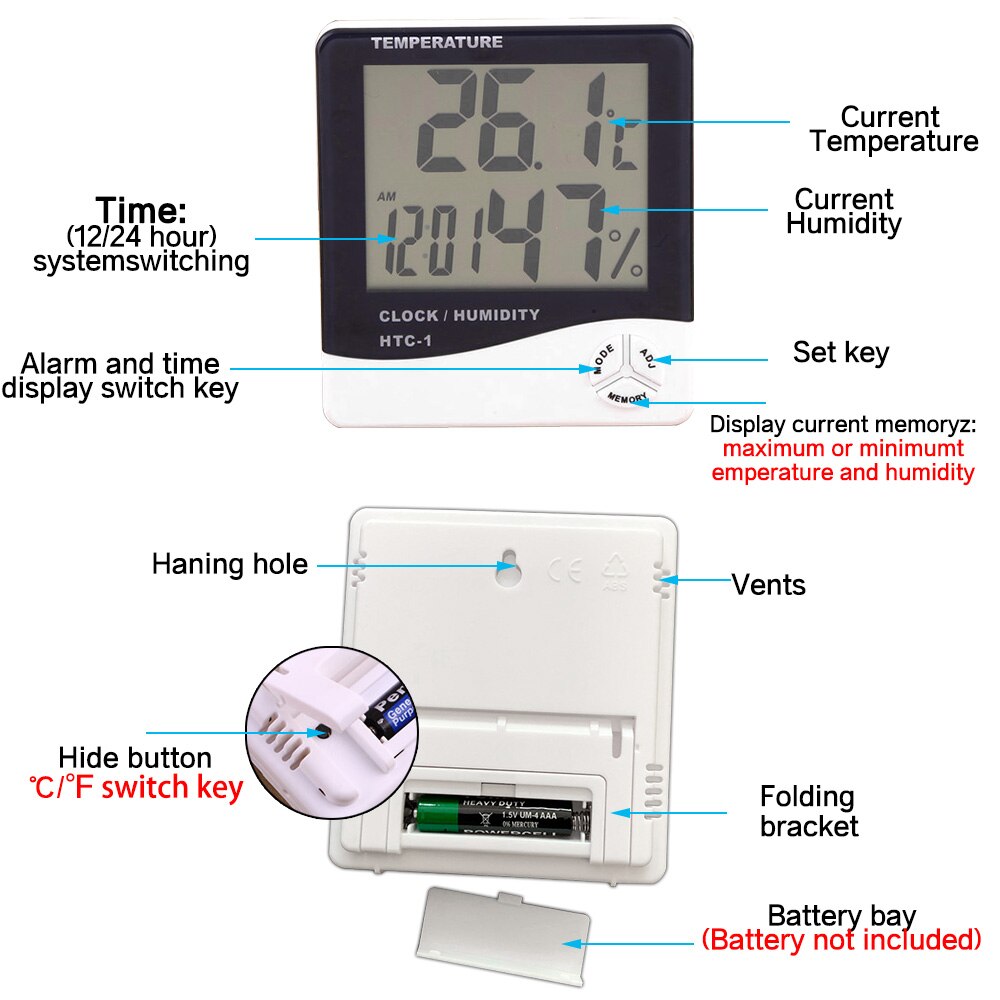 LCD Electronic Digital Temperature Humidity Meter Multifunction Indoor Outdoor Thermometer Hygrometer Weather Station Clock
