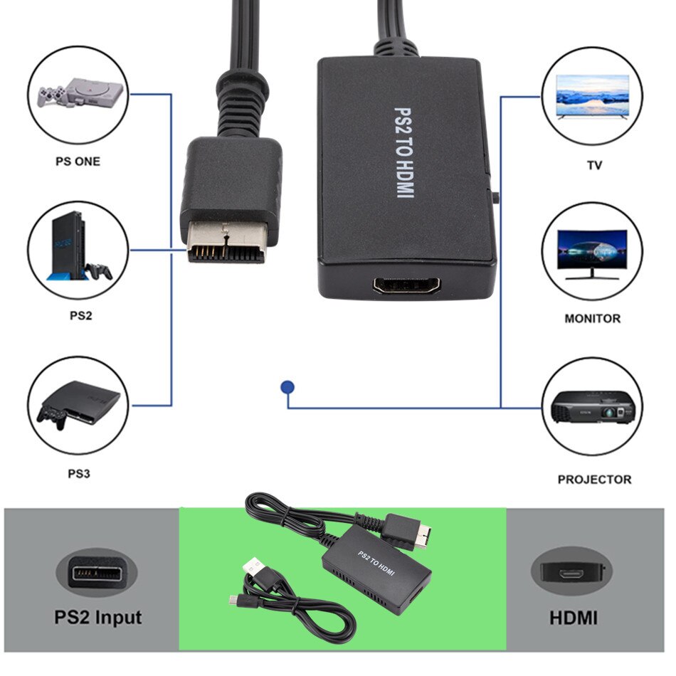 Wvvmvv Hd PS2 Naar Hdmi Converter Adapter, PS2 Naar Hdmi Kabel PS2 Naar Hdmi Ondersteuning 1080P, aansluiten Een PS2 Om Een Moderne Tv Met Hdmi