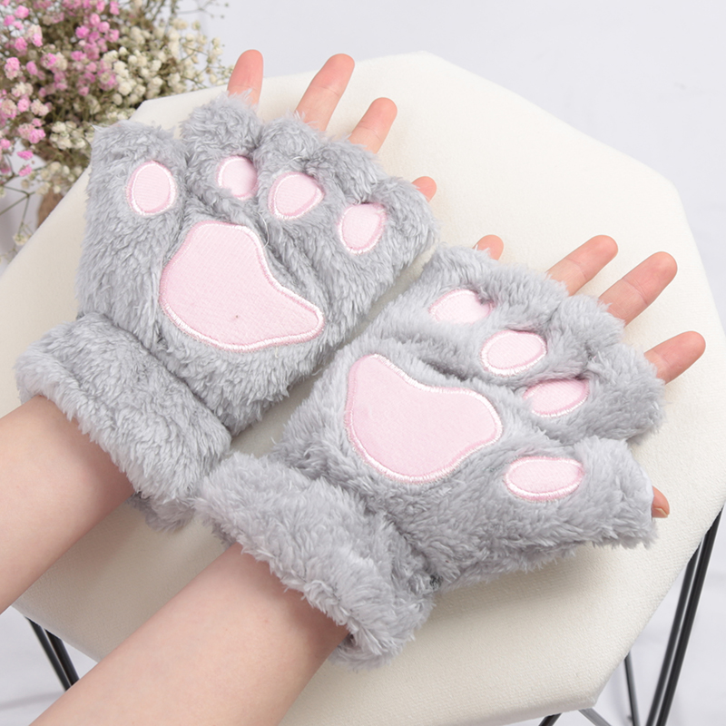 Gants à griffes de chat de dessin animé pour femmes, peluche épaisse, joli Style patte d'ours, doigts exposés, mitaines demi-hiver, gants chauds pour filles: GRIS