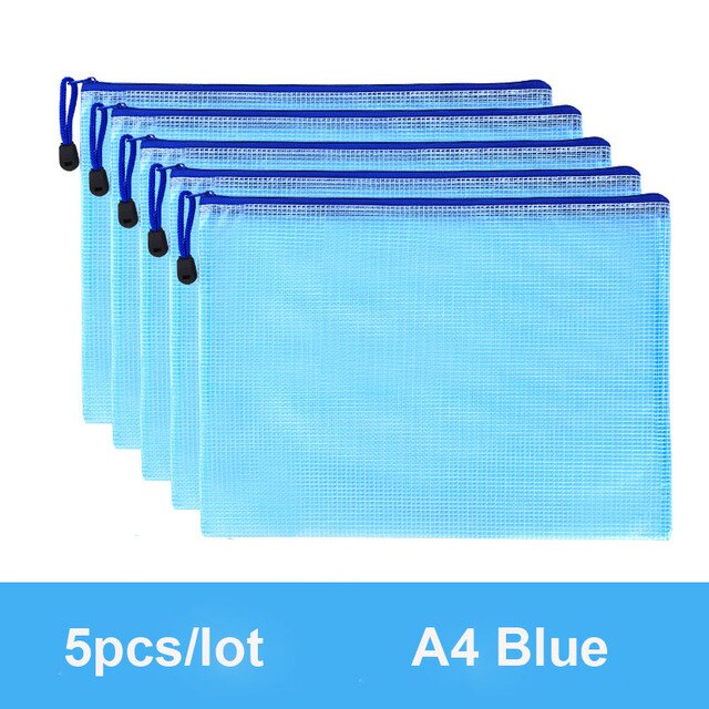 5Pcs Transparent A4 Size Mesh Zipper Plastic Folder ,Desk Paper Pencil Document Organizer Storage Bag Waterproof Stationery: 5pcs-blue