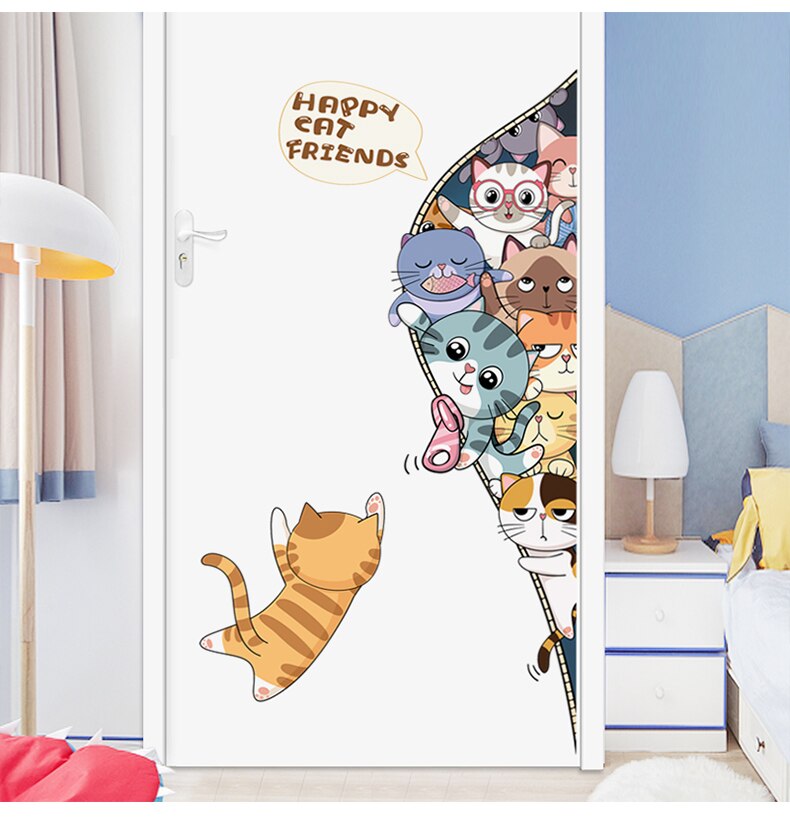 Happy Cat Friends Kids Room Wall Sticker DIY Cartoon Animal Door Stickers Nursery Wall Decals Mural Wallpaper