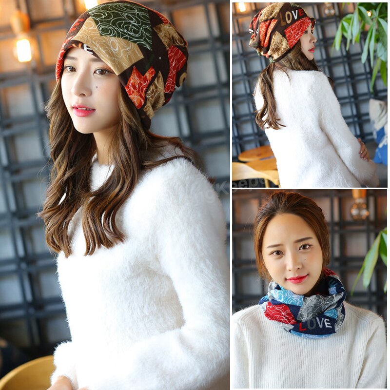 Long Keeper Women Knit Warm Hat Scarf Three Used Woman Flora Cap Beanie Skullies For Girl Autumn Caps Bonnet: orange STYLE 3