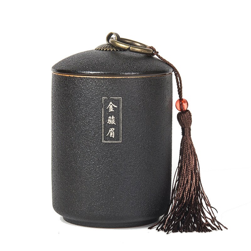 Black Pottery Tea Caddy Ceramic Sealed Storage Tank Plain Tea Canister Spice Jars Coffee Storage Box Kitchen Container