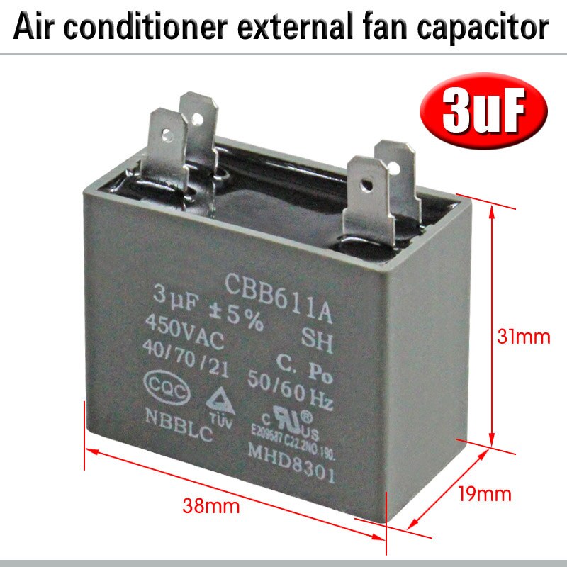 CBB61 Airconditioner Externe Ventilator Startcondensator 1.5/2/2.5/3/3.5/4/5/6/8Uf 450V Motor Condensator 4 Insert Drukvaste: 3uf