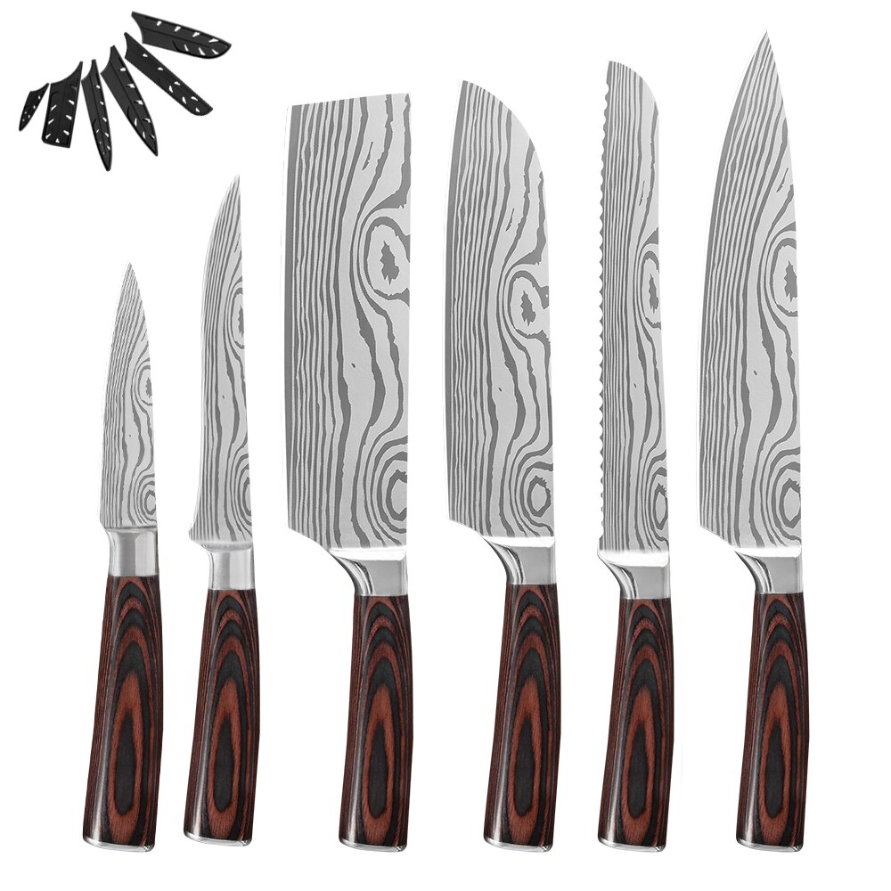 Sowoll køkken kokke knive sæt damaskus mønster klinge hakning santoku udbeningskniv kød fisk sushi madlavningsværktøj knivbetræk: F .6 stk sæt b