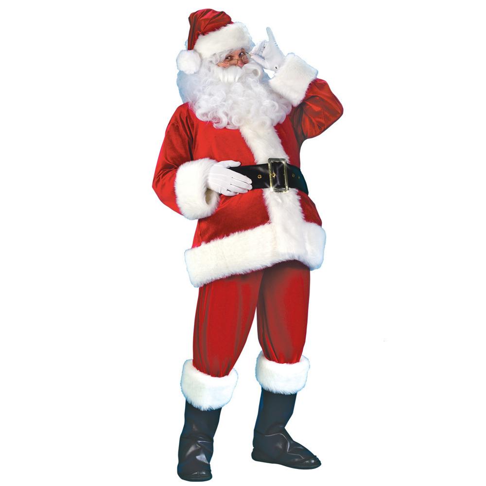 5PCS Kerst Kleding Cosplay Kostuum Voor Mannen Vrouwen Leuke Rood Wit Fluwelen Tops + Broek + Riemen + Hoed + baard Kerstman Sets C32473AD