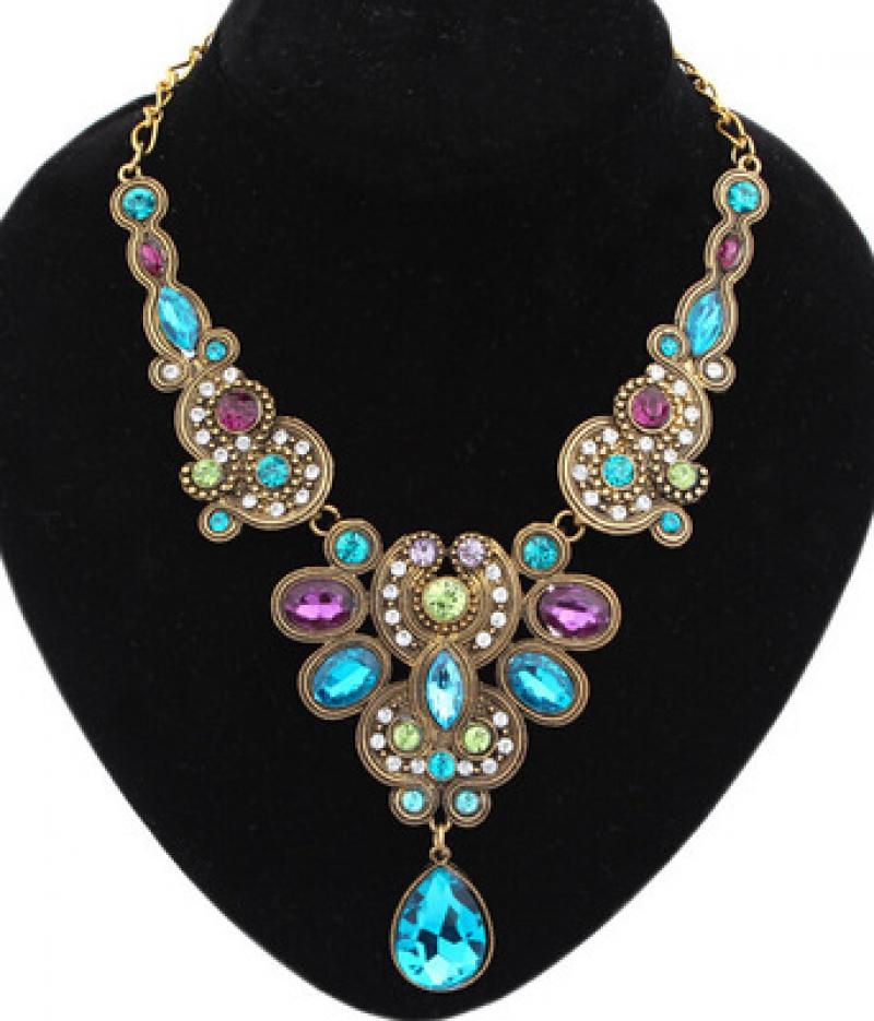 Blauw Roze Rhinestone Kettingen Hanger Boho Verklaring Ketting Goud Kleur Vintage Hanger Lady Dress Choker Ketting