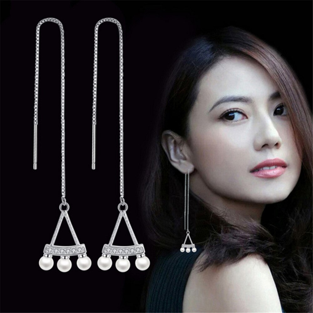 925 Sterling Silver Jewelry Woman Retro Dinette Ear Line Long Luxury Pearl Earrings Simple Girl Cute Brand