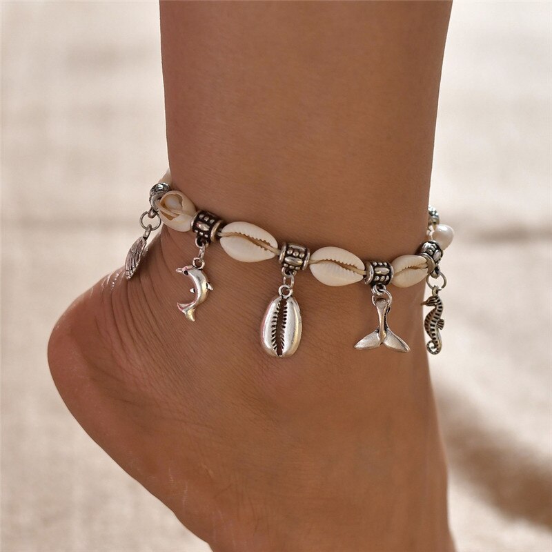 Bohemian Shell Anklets for Women Handmade Leather Woven Natural Shell Foot Jewelry Summer Beach Barefoot Bracelet ankle on Leg: 50254