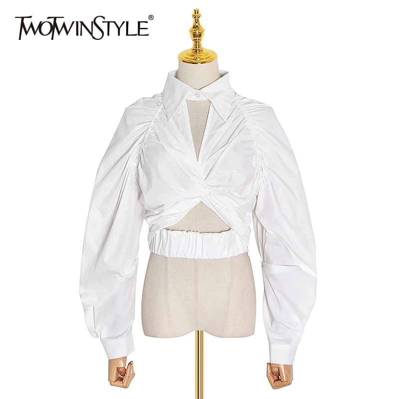 TWOTWINSTYLE-Blusa fruncida informal para mujer, blusa con cuello de solapa y manga larga, camisa corta calada, ropa para mujer