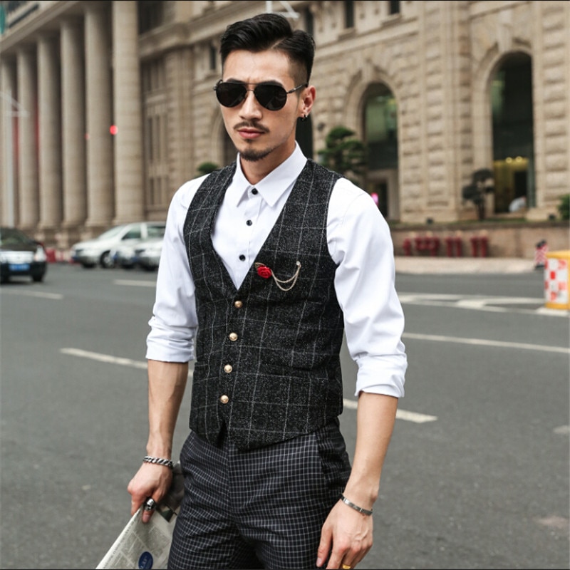 Men Autumn Spring Suit Vest Slim Fit Barber Vest Plaid Male Single Breasted Sleeveless Business Jacket A2843