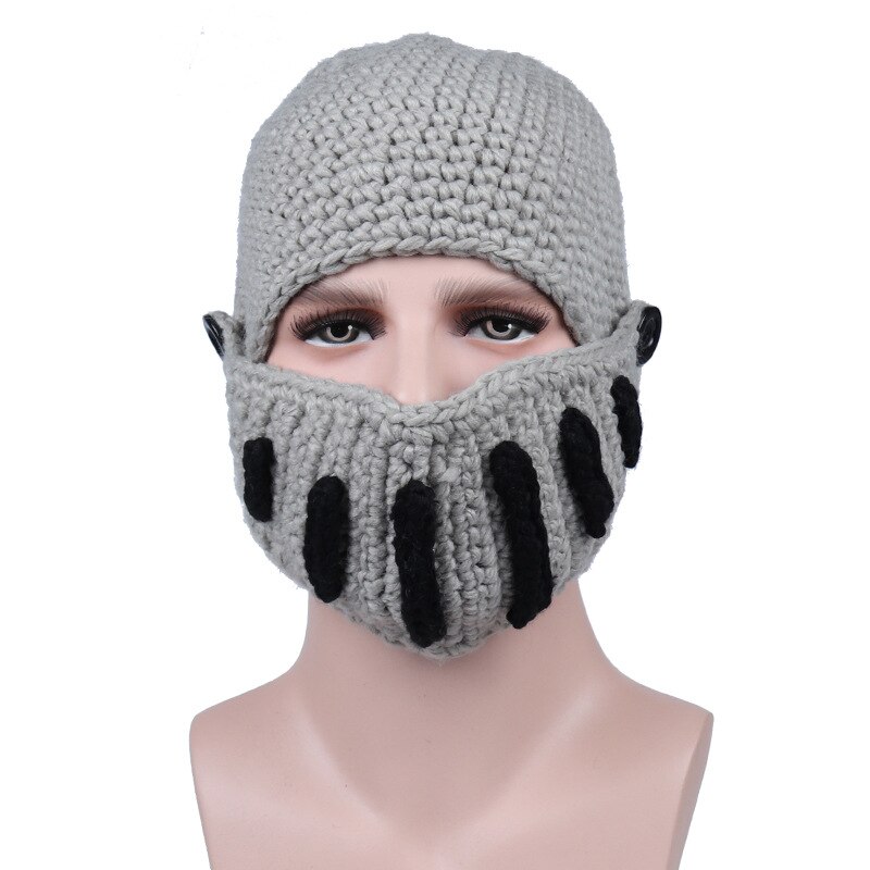 Novelty Roman Hat Winter Beanie Hats For Men Warm Mask Knight Helmet Knitted Cap Handmade Gladiator Mask Hat czapka zimow: Gray