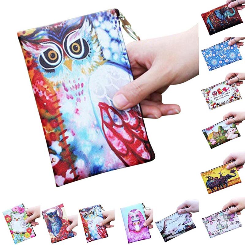 Women Coin Purse PU Leather Clutch Bag Cartoon Animals Elephant Owl Giraffes Deer Graffiti Lady Girl Wallet UND