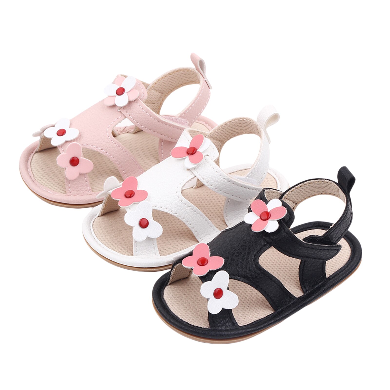 Baby Anti-Slip Platte Schoenen, Bloem Patroon Zachte Zool Sandalen Voor Baby Meisjes, wit/Zwart/Roze