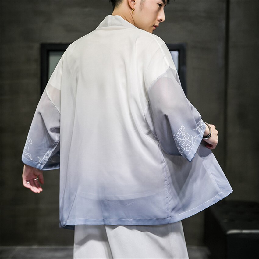 2022 Hanfu Men Ice Silk Cardigan Shirt Men Chinese Style Open Stitch Outwear Man Robe Trench Sun Protection Tops
