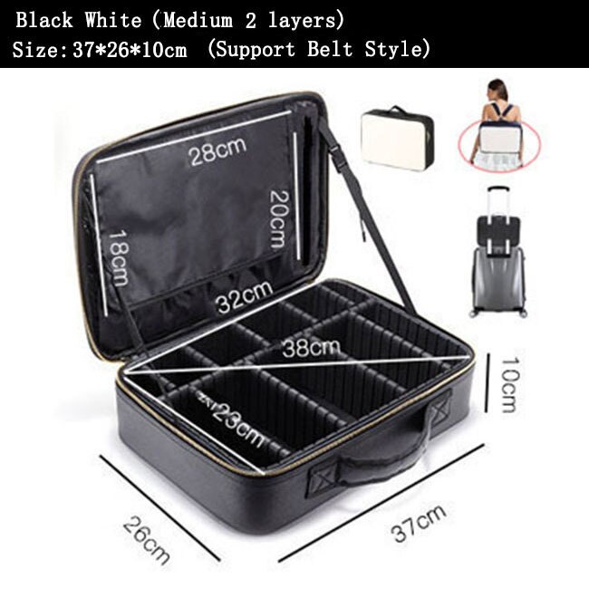 Kobiety PU skóra makijaż torba profesjonalny Manicure artysta torba na kosmetyki kobiece zestawy pełny Organizer na kosmetyki wózek Beauty Box: Black White 2 LayerM