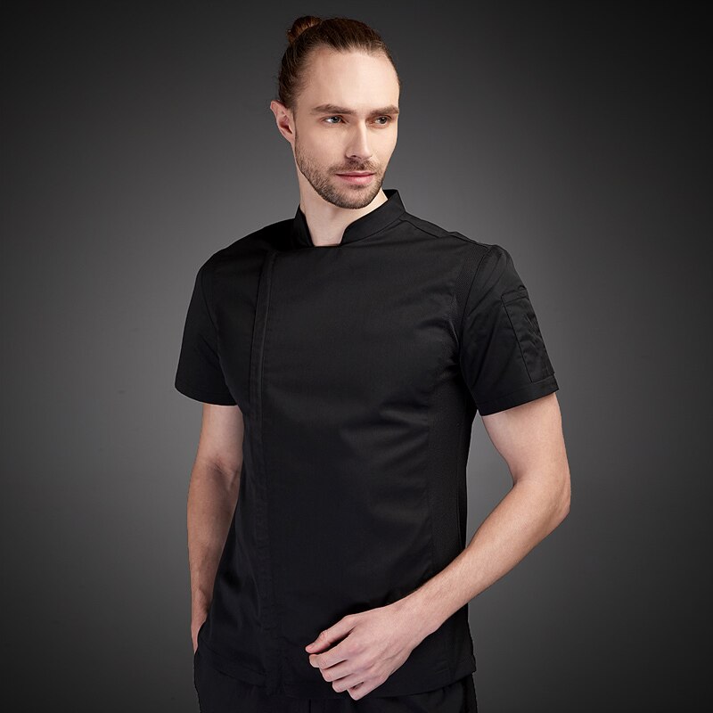 Kortærmet kokkeuniform åndbar sommerkøkken madlavningsjakke restaurant hotel cafe barber shop tjener arbejdsskjorte unisex: Sort / S