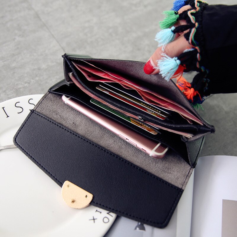 Damen-geldbörse, lange handtasche aus pu-leder, reißverschluss, metallkreis-dekor, geldbörse mit schnappverschluss, münzfach, Kupplung
